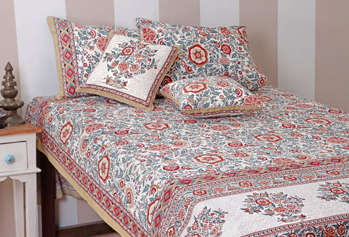 40s Cotton Pillow Cover In Indian Blue and Brick Red Floral Print